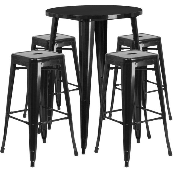 Coby Commercial Grade 30" Round Black Metal Indoor-Outdoor Bar Table Set with 4 Square Seat Backless Stools