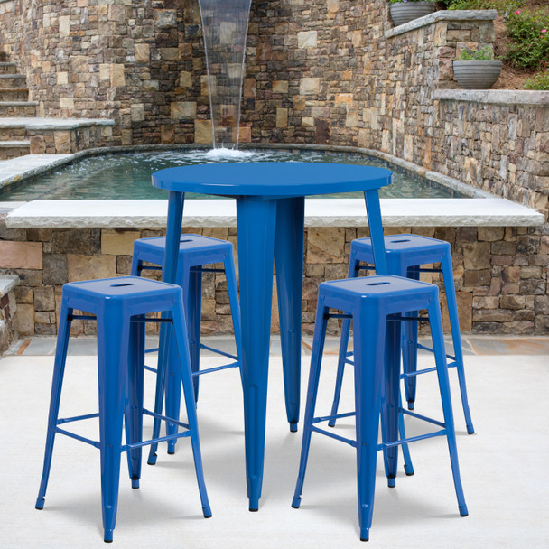 Coby Commercial Grade 30" Round Blue Metal Indoor-Outdoor Bar Table Set with 4 Square Seat Backless Stools