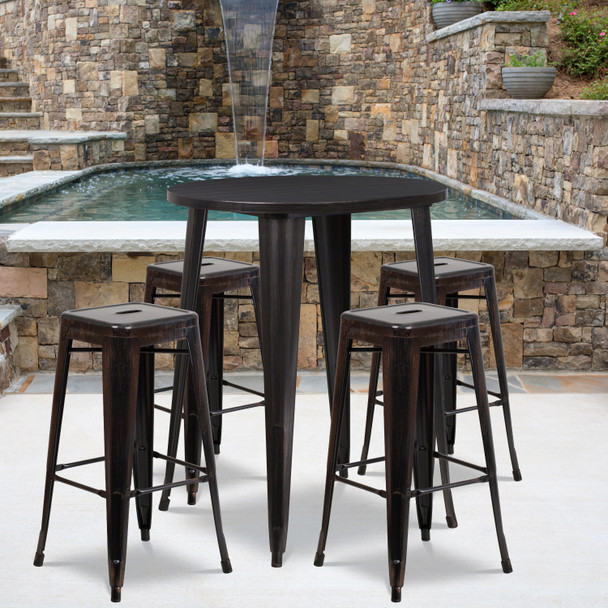 Coby Commercial Grade 30" Round Black-Antique Gold Metal Indoor-Outdoor Bar Table Set with 4 Square Seat Backless Stools