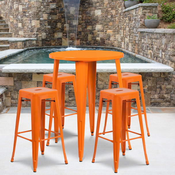 Coby Commercial Grade 30" Round Orange Metal Indoor-Outdoor Bar Table Set with 4 Square Seat Backless Stools