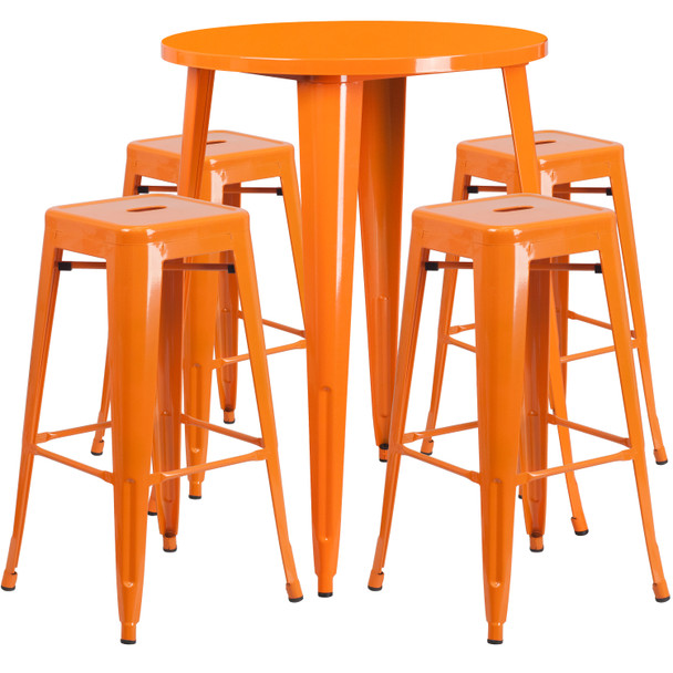 Coby Commercial Grade 30" Round Orange Metal Indoor-Outdoor Bar Table Set with 4 Square Seat Backless Stools