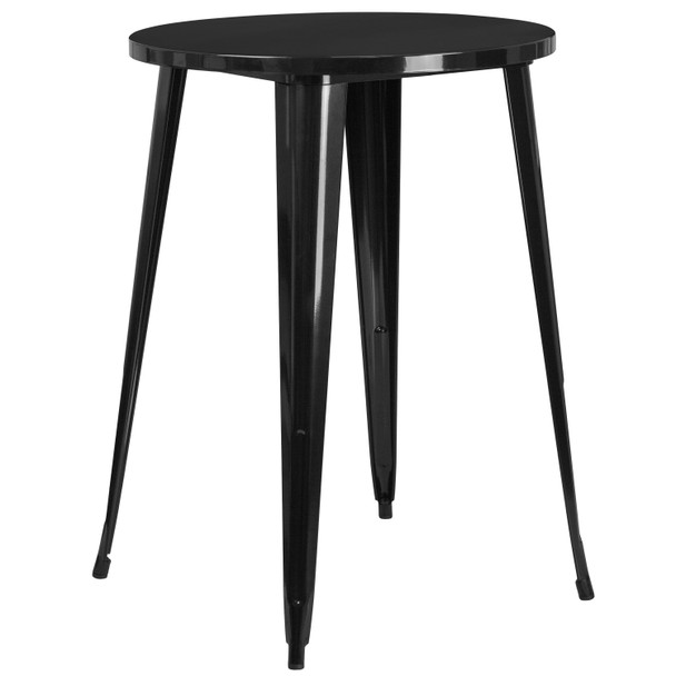 Tristan Commercial Grade 30" Round Black Metal Indoor-Outdoor Bar Table Set with 4 Vertical Slat Back Stools