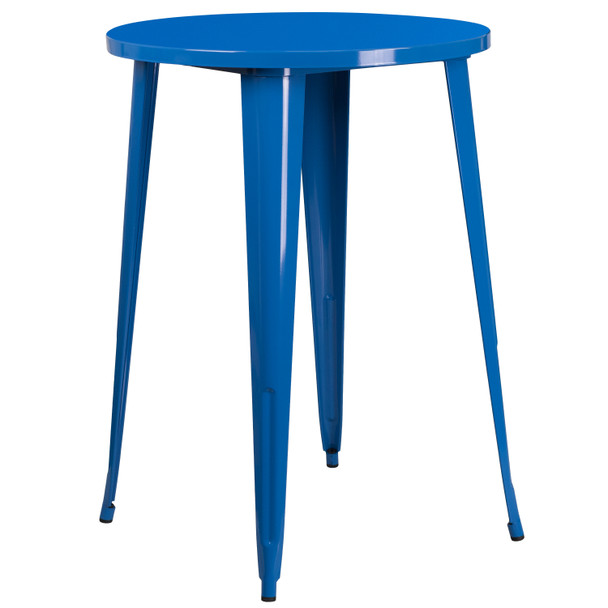 Tristan Commercial Grade 30" Round Blue Metal Indoor-Outdoor Bar Table Set with 4 Vertical Slat Back Stools