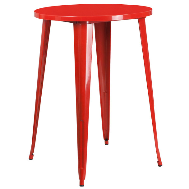 Tristan Commercial Grade 30" Round Red Metal Indoor-Outdoor Bar Table Set with 4 Vertical Slat Back Stools