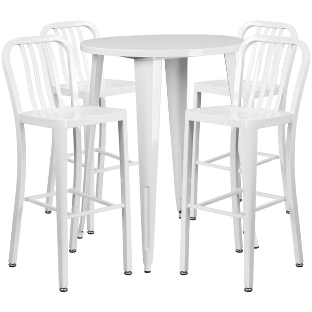 Tristan Commercial Grade 30" Round White Metal Indoor-Outdoor Bar Table Set with 4 Vertical Slat Back Stools