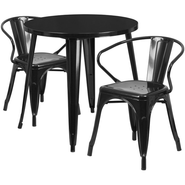 Conrad  Commercial Grade 30" Round Black Metal Indoor-Outdoor Table Set with 2 Arm Chairs