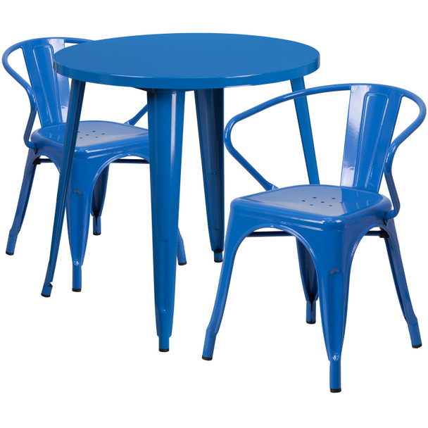 Conrad  Commercial Grade 30" Round Blue Metal Indoor-Outdoor Table Set with 2 Arm Chairs