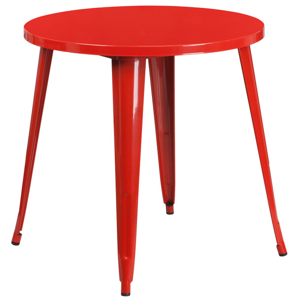 Conrad  Commercial Grade 30" Round Red Metal Indoor-Outdoor Table Set with 2 Arm Chairs