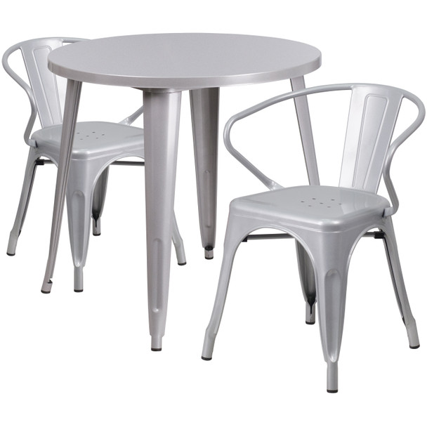 Conrad  Commercial Grade 30" Round Silver Metal Indoor-Outdoor Table Set with 2 Arm Chairs