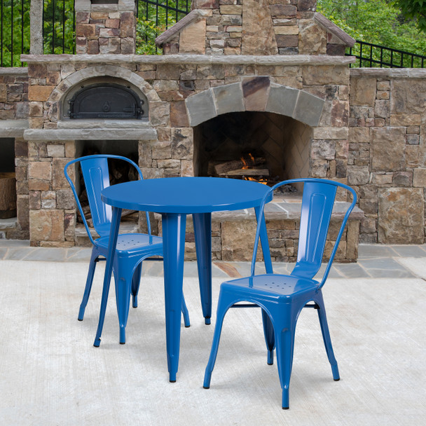 Baker Commercial Grade 30" Round Blue Metal Indoor-Outdoor Table Set with 2 Cafe Chairs