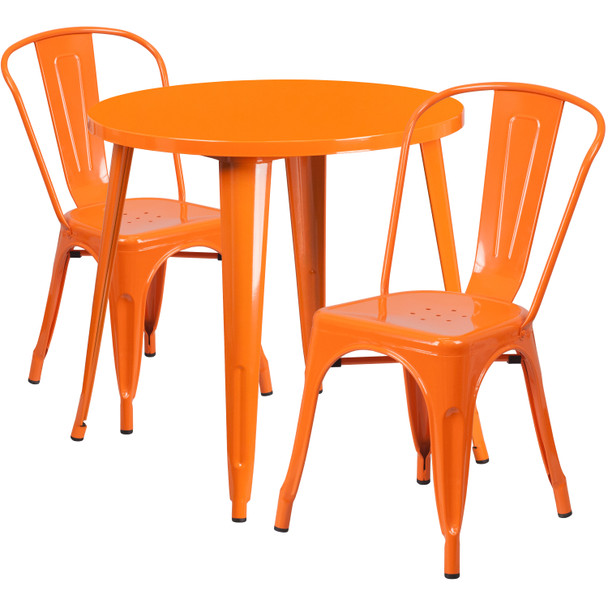 Baker Commercial Grade 30" Round Orange Metal Indoor-Outdoor Table Set with 2 Cafe Chairs