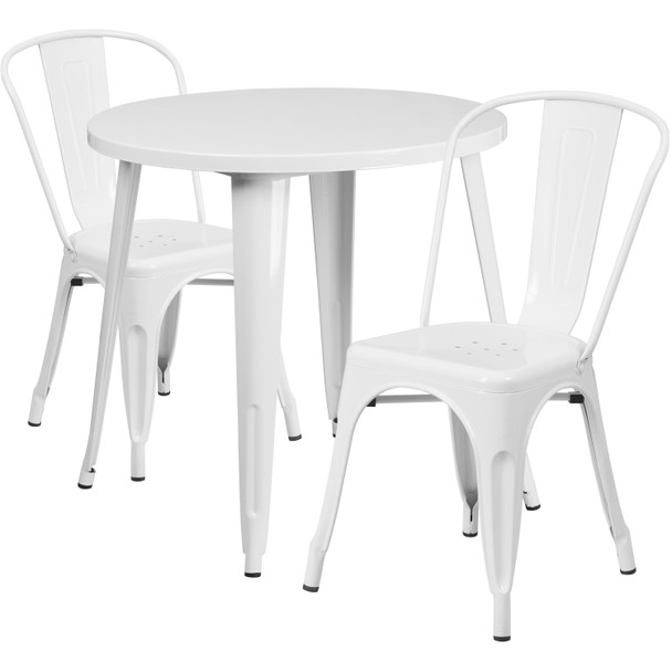 Baker Commercial Grade 30" Round White Metal Indoor-Outdoor Table Set with 2 Cafe Chairs