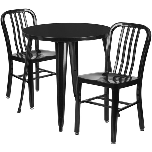 Craig Commercial Grade 30" Round Black Metal Indoor-Outdoor Table Set with 2 Vertical Slat Back Chairs