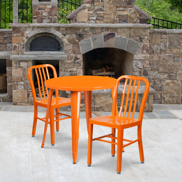 Craig Commercial Grade 30" Round Orange Metal Indoor-Outdoor Table Set with 2 Vertical Slat Back Chairs