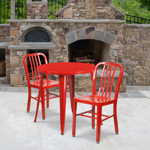 Craig Commercial Grade 30" Round Red Metal Indoor-Outdoor Table Set with 2 Vertical Slat Back Chairs