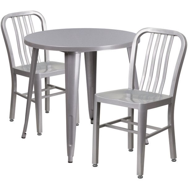 Craig Commercial Grade 30" Round Silver Metal Indoor-Outdoor Table Set with 2 Vertical Slat Back Chairs