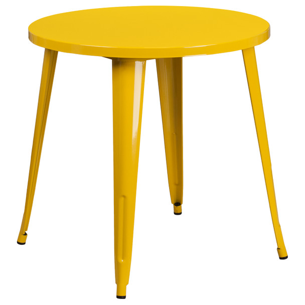Craig Commercial Grade 30" Round Yellow Metal Indoor-Outdoor Table Set with 2 Vertical Slat Back Chairs