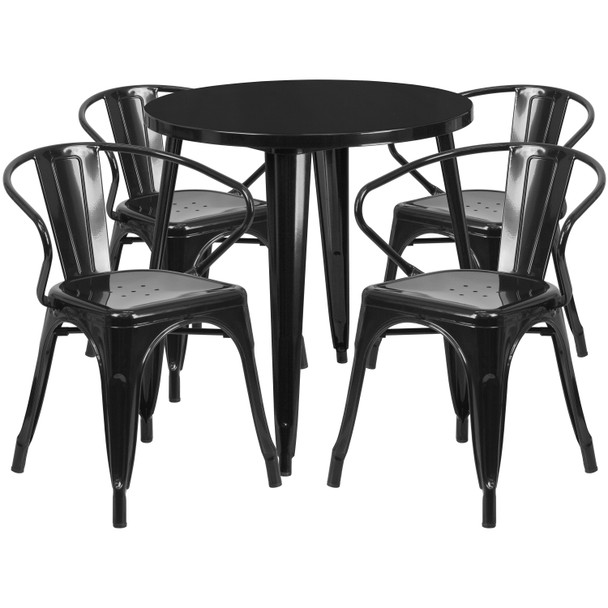 Cory Commercial Grade 30" Round Black Metal Indoor-Outdoor Table Set with 4 Arm Chairs