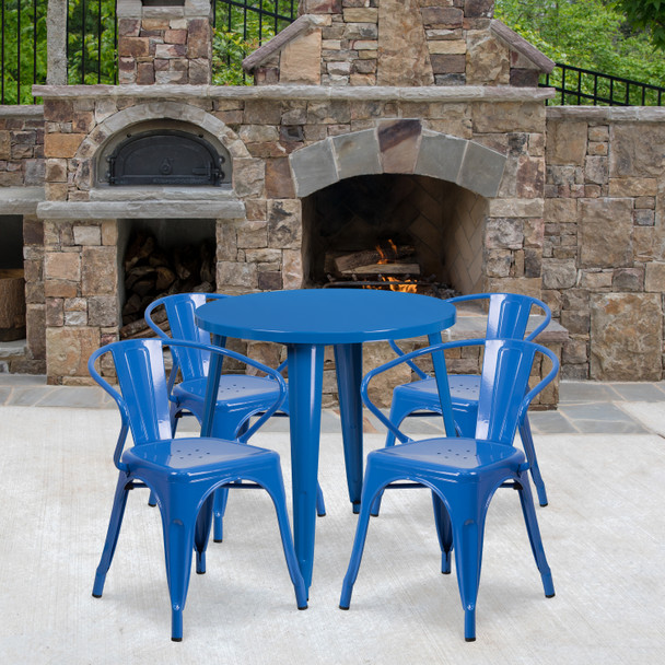 Cory Commercial Grade 30" Round Blue Metal Indoor-Outdoor Table Set with 4 Arm Chairs