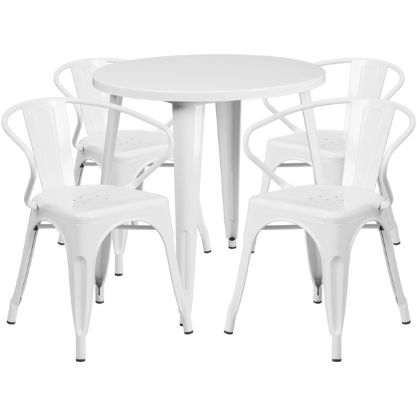 Cory Commercial Grade 30" Round White Metal Indoor-Outdoor Table Set with 4 Arm Chairs