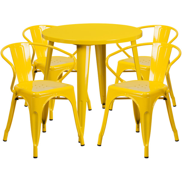 Cory Commercial Grade 30" Round Yellow Metal Indoor-Outdoor Table Set with 4 Arm Chairs