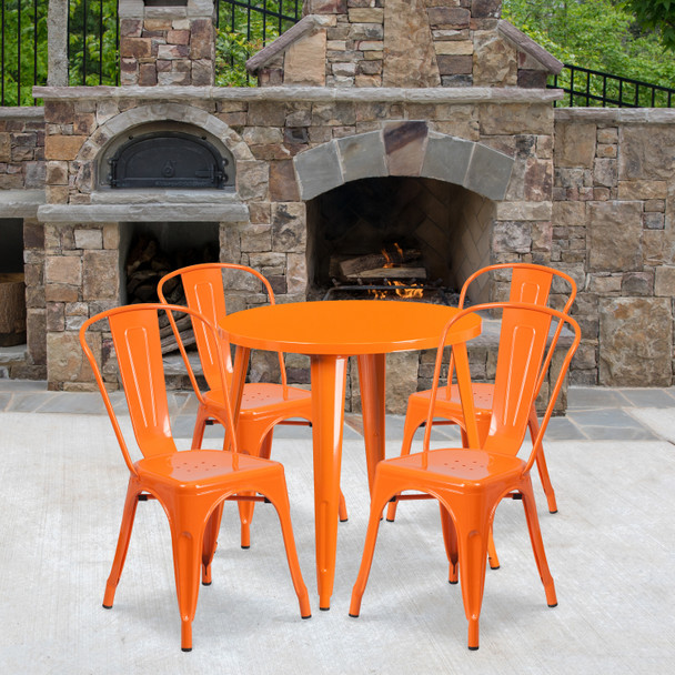 Dalton Commercial Grade 30" Round Orange Metal Indoor-Outdoor Table Set with 4 Cafe Chairs