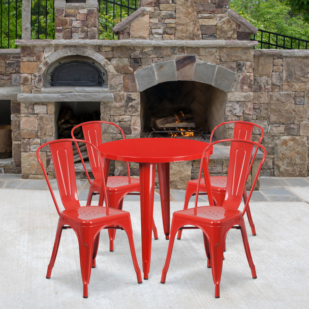 Dalton Commercial Grade 30" Round Red Metal Indoor-Outdoor Table Set with 4 Cafe Chairs