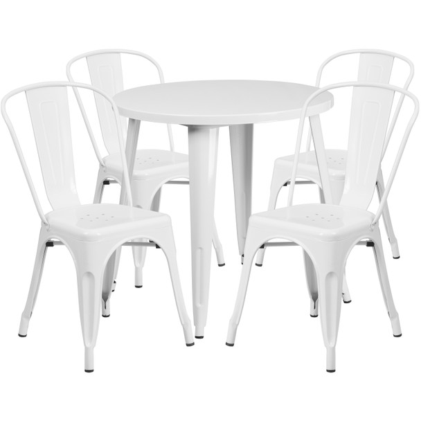 Dalton Commercial Grade 30" Round White Metal Indoor-Outdoor Table Set with 4 Cafe Chairs