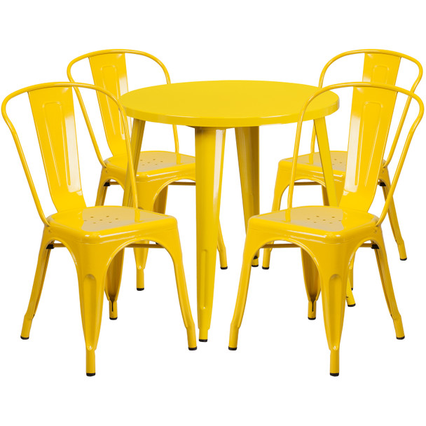 Dalton Commercial Grade 30" Round Yellow Metal Indoor-Outdoor Table Set with 4 Cafe Chairs