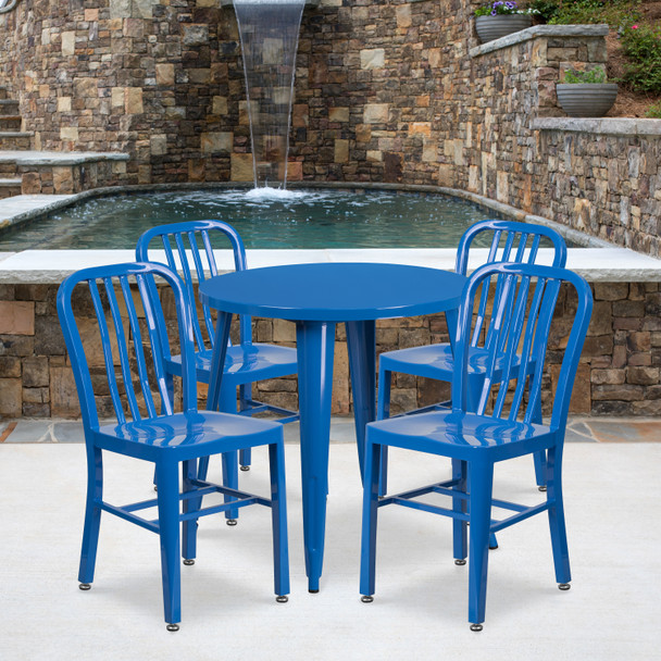 Chad Commercial Grade 30" Round Blue Metal Indoor-Outdoor Table Set with 4 Vertical Slat Back Chairs