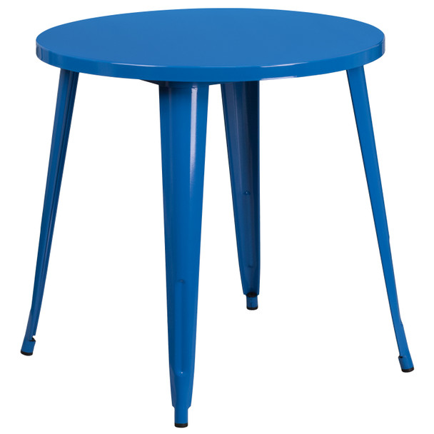 Chad Commercial Grade 30" Round Blue Metal Indoor-Outdoor Table Set with 4 Vertical Slat Back Chairs