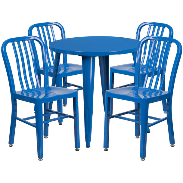 Chad Commercial Grade 30" Round Blue Metal Indoor-Outdoor Table Set with 4 Vertical Slat Back Chairs