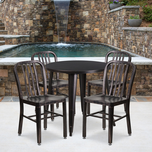 Chad Commercial Grade 30" Round Black-Antique Gold Metal Indoor-Outdoor Table Set with 4 Vertical Slat Back Chairs