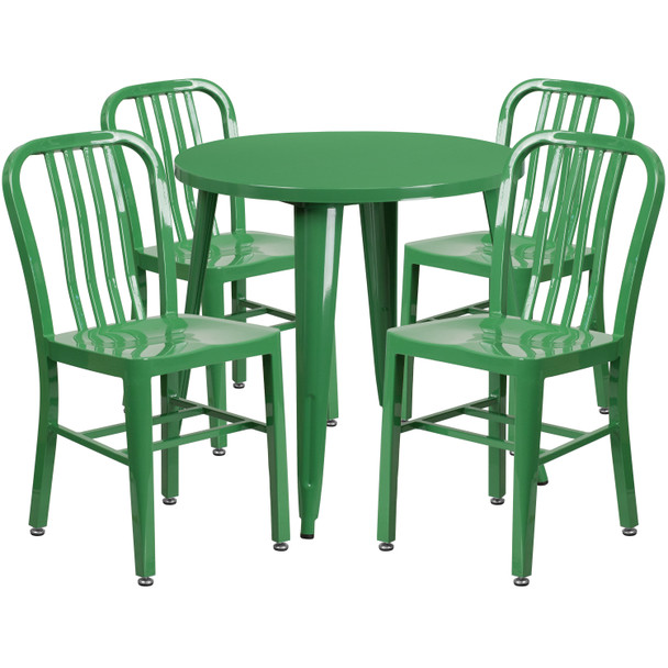 Chad Commercial Grade 30" Round Green Metal Indoor-Outdoor Table Set with 4 Vertical Slat Back Chairs