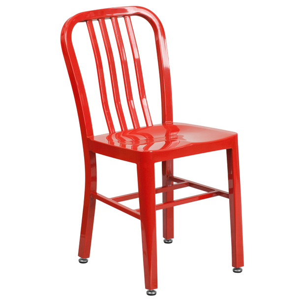 Chad Commercial Grade 30" Round Red Metal Indoor-Outdoor Table Set with 4 Vertical Slat Back Chairs