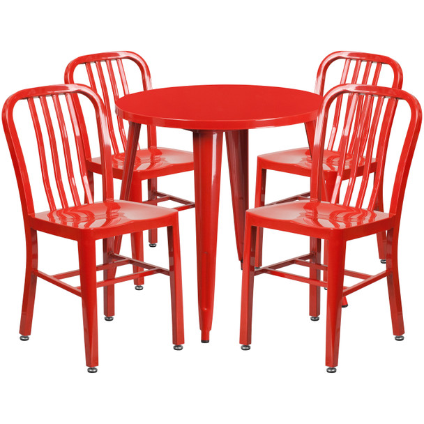 Chad Commercial Grade 30" Round Red Metal Indoor-Outdoor Table Set with 4 Vertical Slat Back Chairs