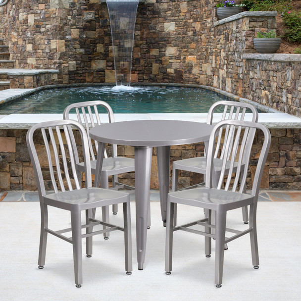 Chad Commercial Grade 30" Round Silver Metal Indoor-Outdoor Table Set with 4 Vertical Slat Back Chairs