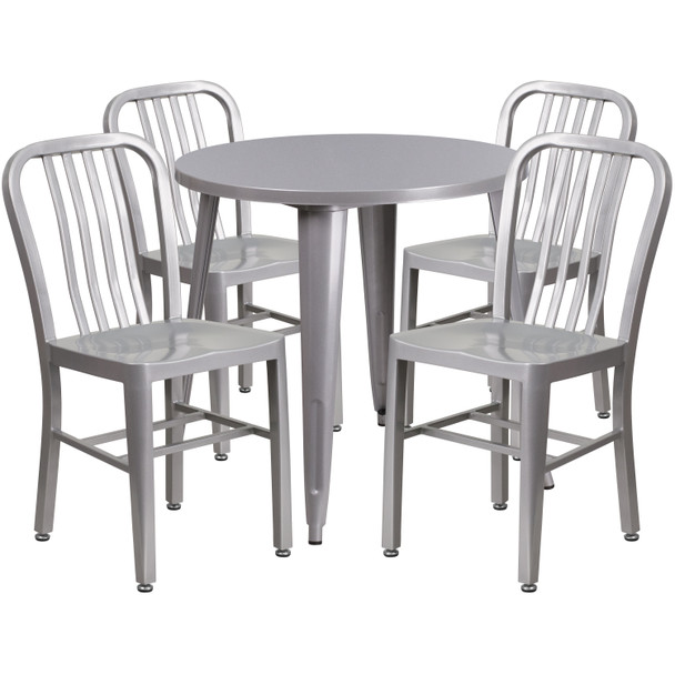 Chad Commercial Grade 30" Round Silver Metal Indoor-Outdoor Table Set with 4 Vertical Slat Back Chairs