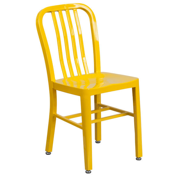 Chad Commercial Grade 30" Round Yellow Metal Indoor-Outdoor Table Set with 4 Vertical Slat Back Chairs