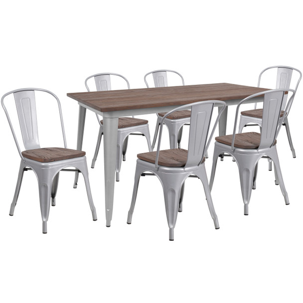 Bailey 30.25" x 60" Silver Metal Table Set with Wood Top and 6 Stack Chairs