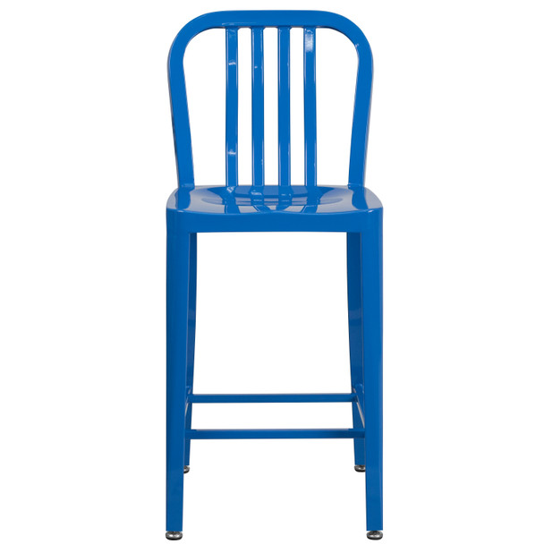 Gael Commercial Grade 24" High Blue Metal Indoor-Outdoor Counter Height Stool with Vertical Slat Back