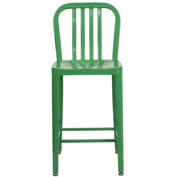 Gael Commercial Grade 24" High Green Metal Indoor-Outdoor Counter Height Stool with Vertical Slat Back