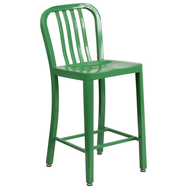 Gael Commercial Grade 24" High Green Metal Indoor-Outdoor Counter Height Stool with Vertical Slat Back