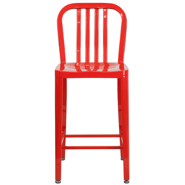 Gael Commercial Grade 24" High Red Metal Indoor-Outdoor Counter Height Stool with Vertical Slat Back
