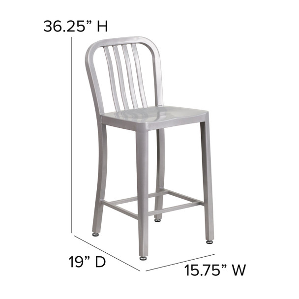 Gael Commercial Grade 24" High Silver Metal Indoor-Outdoor Counter Height Stool with Vertical Slat Back