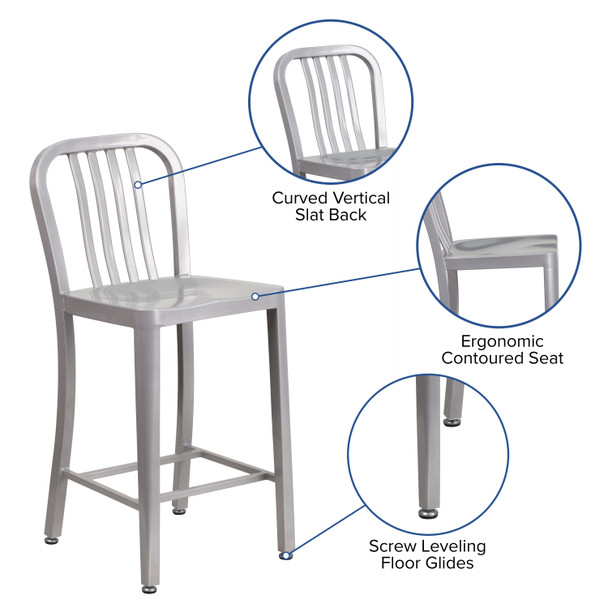 Gael Commercial Grade 24" High Silver Metal Indoor-Outdoor Counter Height Stool with Vertical Slat Back