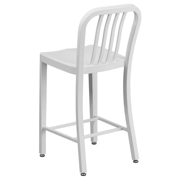 Gael Commercial Grade 24" High White Metal Indoor-Outdoor Counter Height Stool with Vertical Slat Back