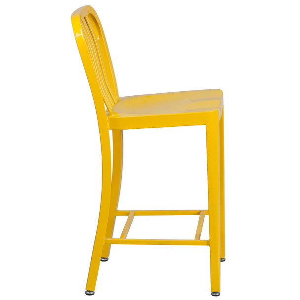 Gael Commercial Grade 24" High Yellow Metal Indoor-Outdoor Counter Height Stool with Vertical Slat Back