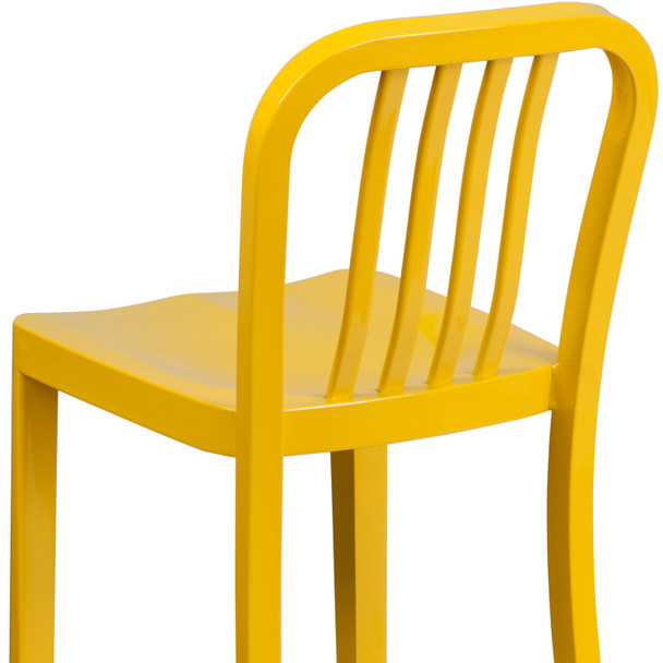 Gael Commercial Grade 24" High Yellow Metal Indoor-Outdoor Counter Height Stool with Vertical Slat Back