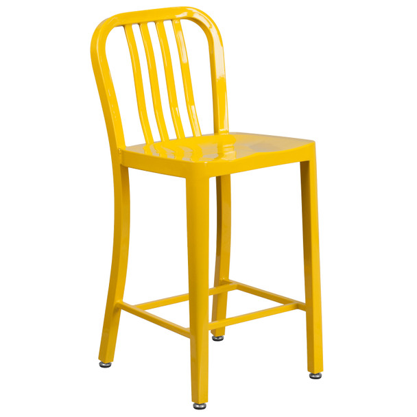 Gael Commercial Grade 24" High Yellow Metal Indoor-Outdoor Counter Height Stool with Vertical Slat Back